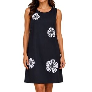 Nina Leonard Womens Black wht Floral Embroidered Linen Blend Shift Dress Size 12